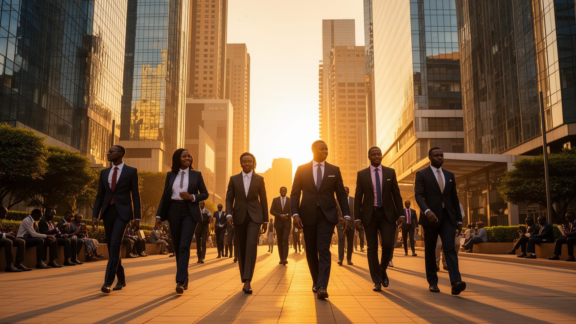 Professionals walking through Upper Hill at sunset