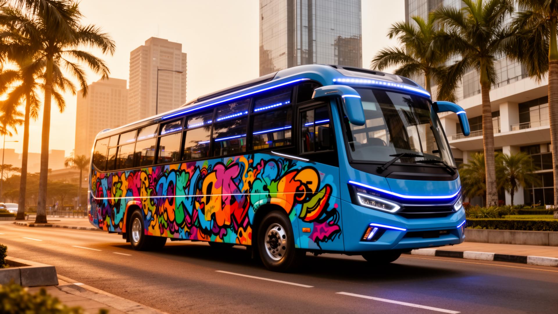Modern matatu with vibrant art on a Nairobi street