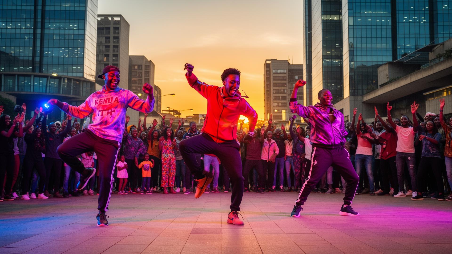 Street dancers performing in a Nairobi plaza